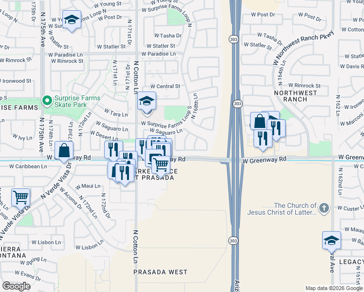 map of restaurants, bars, coffee shops, grocery stores, and more near 15418 North 168th Lane in Surprise