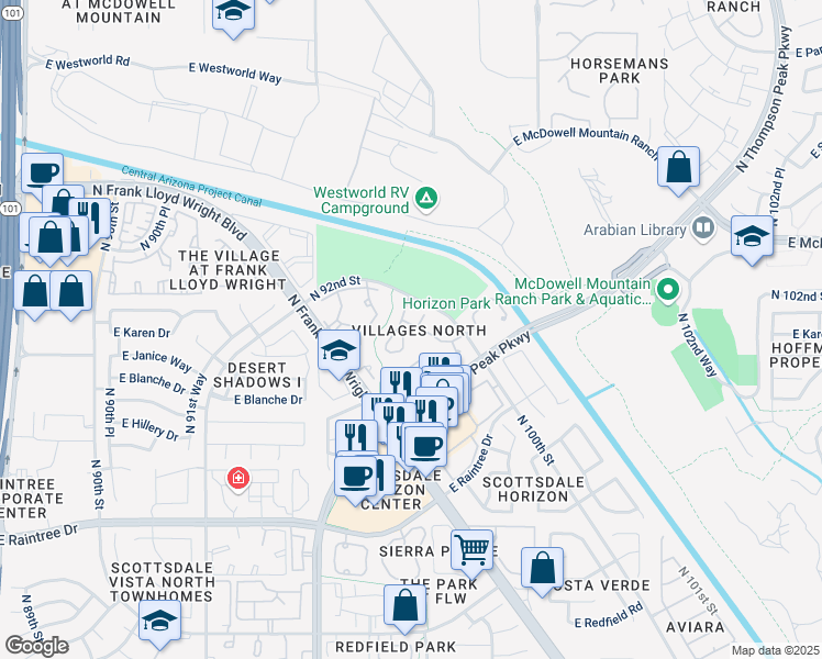 map of restaurants, bars, coffee shops, grocery stores, and more near North Apartment in Scottsdale