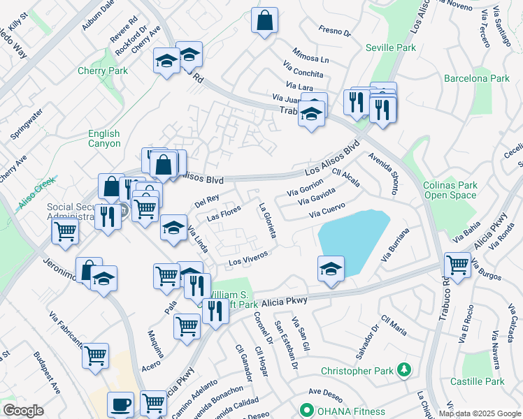 map of restaurants, bars, coffee shops, grocery stores, and more near 23221 La Glorieta in Mission Viejo