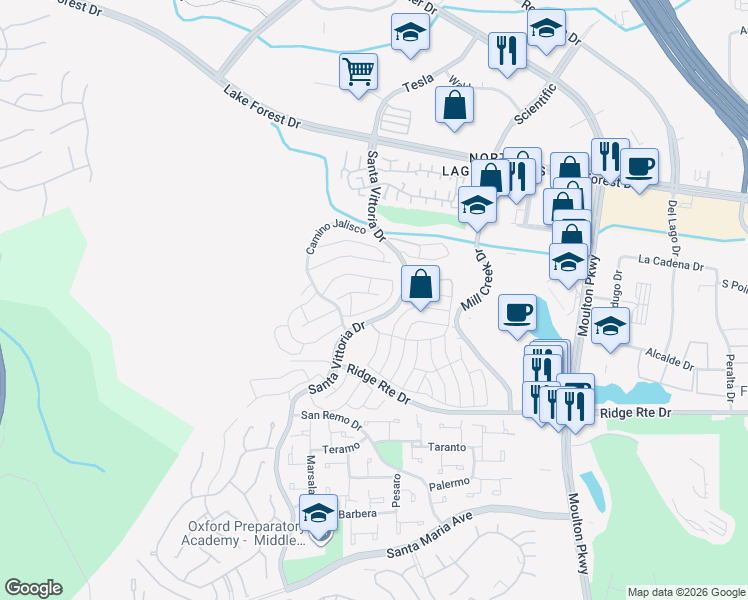 map of restaurants, bars, coffee shops, grocery stores, and more near 22361 Caminito Danubo in Laguna Hills
