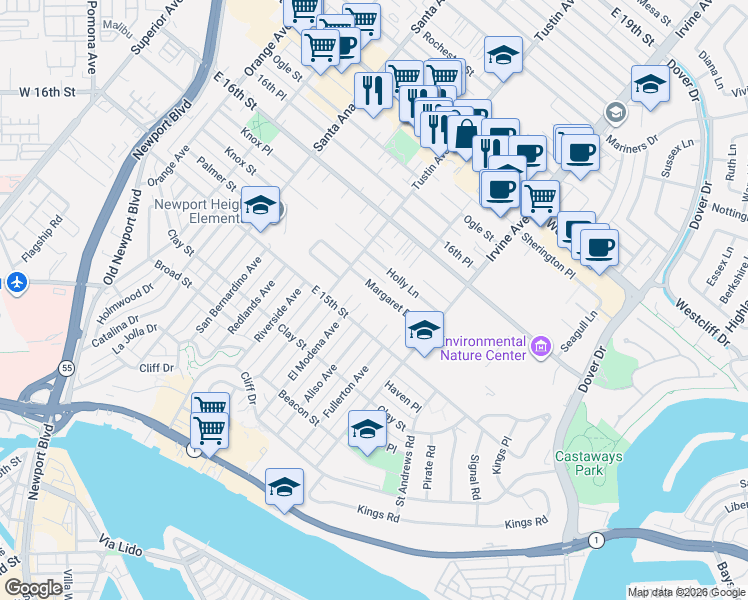map of restaurants, bars, coffee shops, grocery stores, and more near 2408 Margaret Drive in Newport Beach