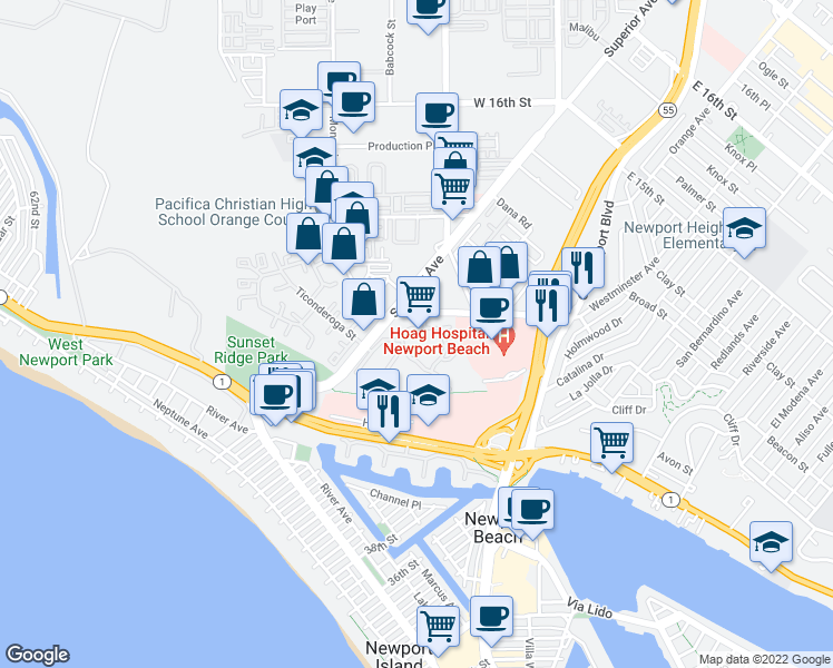 map of restaurants, bars, coffee shops, grocery stores, and more near 300 Cagney Lane in Newport Beach
