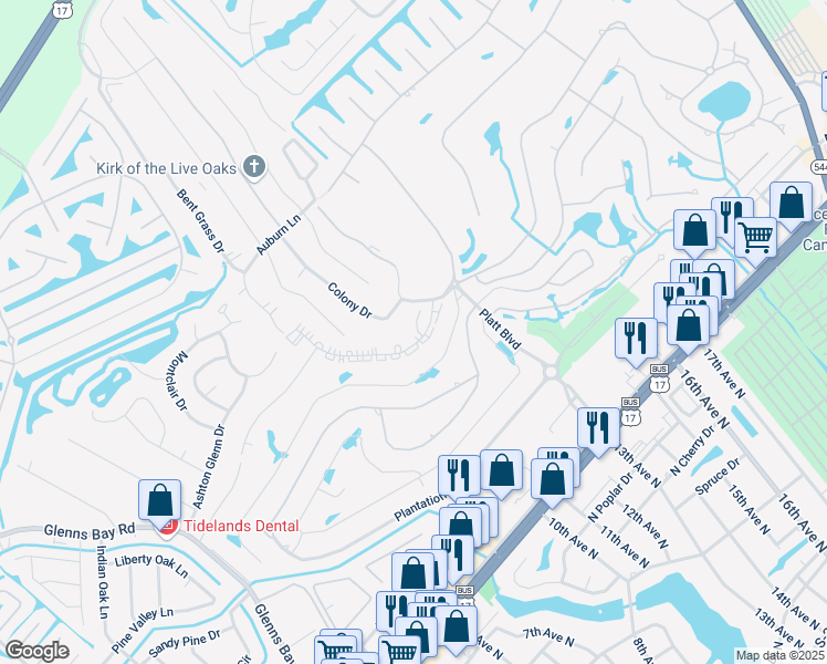 map of restaurants, bars, coffee shops, grocery stores, and more near 200 Double Eagle Drive in Myrtle Beach