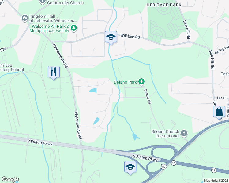 map of restaurants, bars, coffee shops, grocery stores, and more near 3980 Jeffrey Drive Southwest in Atlanta