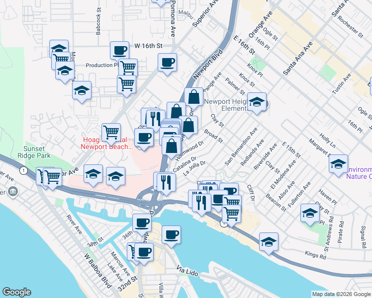 map of restaurants, bars, coffee shops, grocery stores, and more near 337 Holmwood Drive in Newport Beach