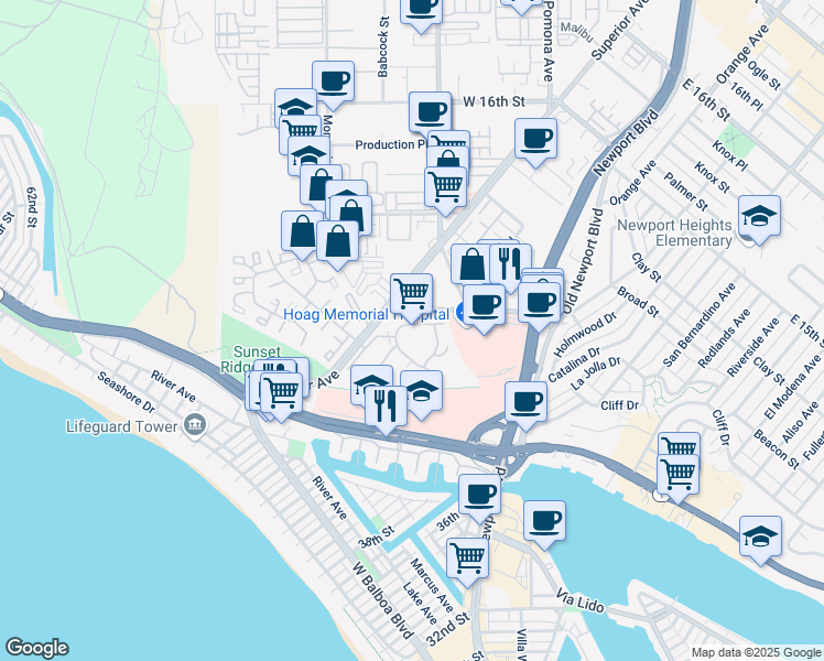 map of restaurants, bars, coffee shops, grocery stores, and more near in Newport Beach