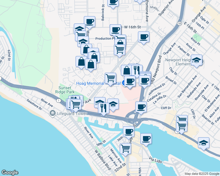 map of restaurants, bars, coffee shops, grocery stores, and more near 102 Scholz Plaza in Newport Beach
