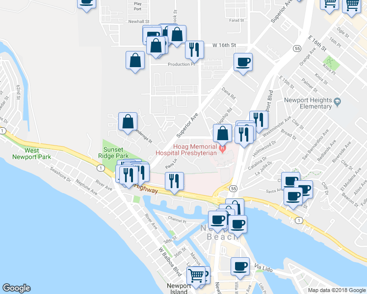 map of restaurants, bars, coffee shops, grocery stores, and more near 300 Cagney Lane in Newport Beach