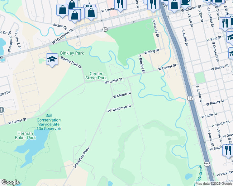 map of restaurants, bars, coffee shops, grocery stores, and more near 1212 West Center Street in Sherman