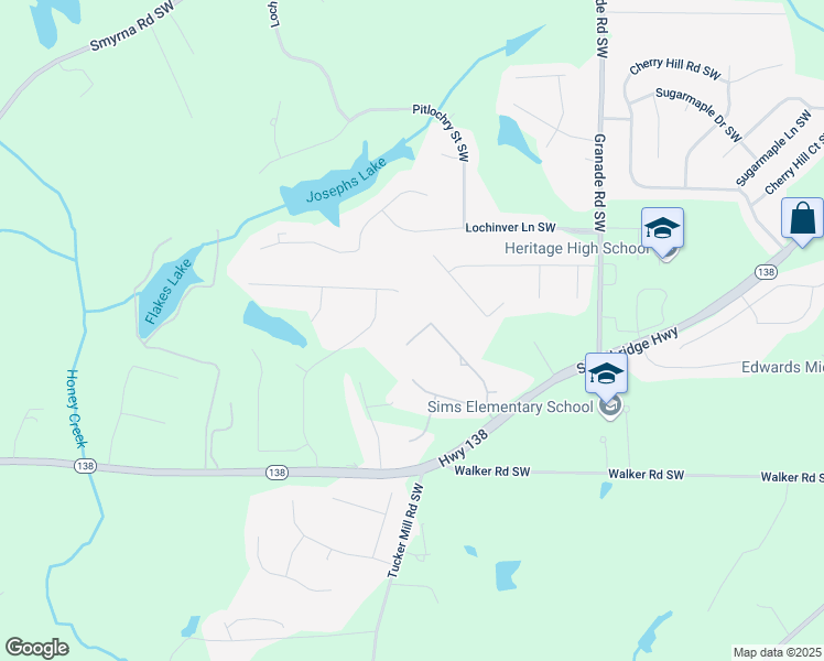 map of restaurants, bars, coffee shops, grocery stores, and more near 2559 Oak Creek Lane in Conyers