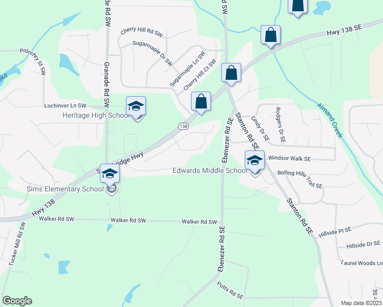 map of restaurants, bars, coffee shops, grocery stores, and more near 180 Old Mill Way Southwest in Conyers
