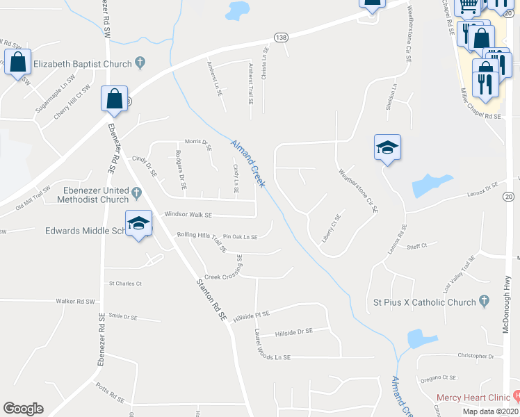 map of restaurants, bars, coffee shops, grocery stores, and more near 397 Stanton Ridge Way Southeast in Conyers