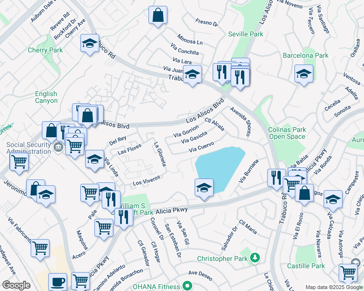 map of restaurants, bars, coffee shops, grocery stores, and more near 26431 Vía Gaviota in Mission Viejo