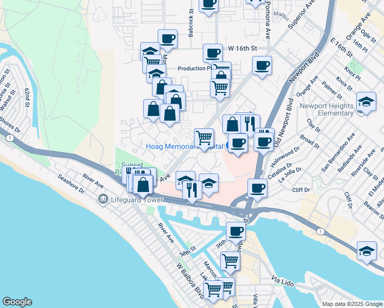 map of restaurants, bars, coffee shops, grocery stores, and more near 500 Cagney Lane in Newport Beach