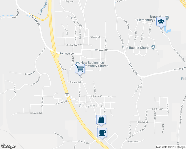 map of restaurants, bars, coffee shops, grocery stores, and more near 101 4th Avenue Southeast in Graysville