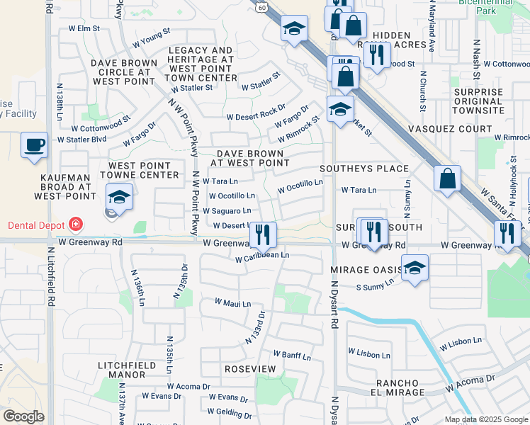 map of restaurants, bars, coffee shops, grocery stores, and more near 13330 West Saguaro Lane in Surprise