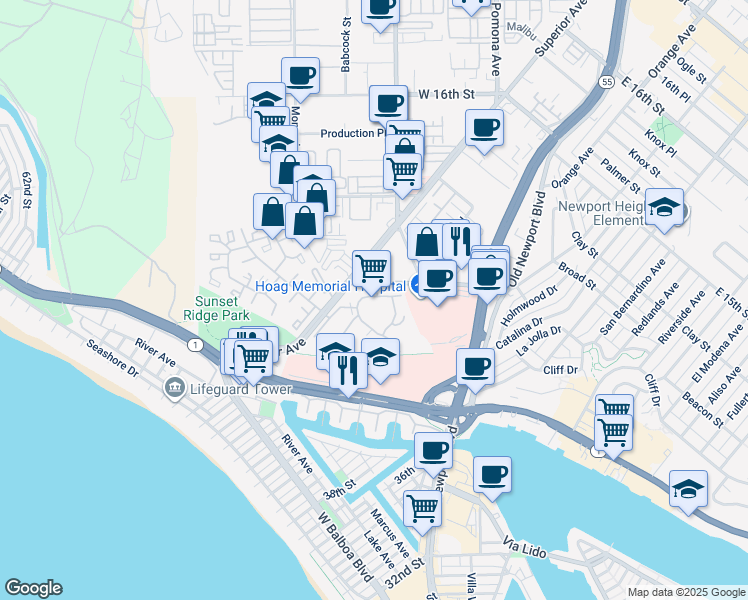map of restaurants, bars, coffee shops, grocery stores, and more near 280 Cagney Lane in Newport Beach