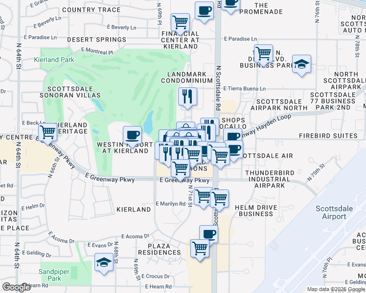 map of restaurants, bars, coffee shops, grocery stores, and more near 15215 North Kierland Boulevard in Scottsdale