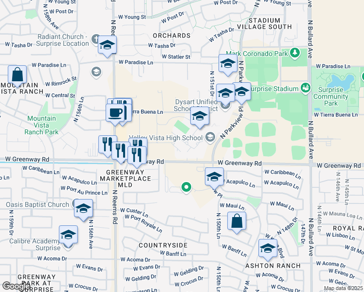 map of restaurants, bars, coffee shops, grocery stores, and more near 15550 North Parkview Place in Surprise