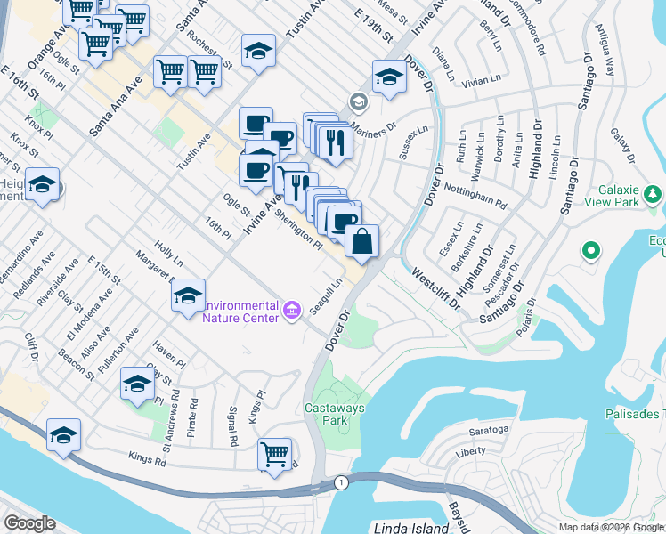 map of restaurants, bars, coffee shops, grocery stores, and more near 1655 Sherington Place in Newport Beach