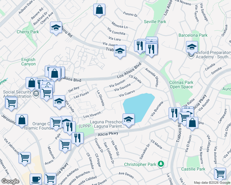 map of restaurants, bars, coffee shops, grocery stores, and more near 26422 Vía Gaviota in Mission Viejo