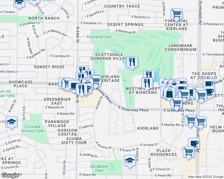 map of restaurants, bars, coffee shops, grocery stores, and more near 15221 North Clubgate Drive in Scottsdale