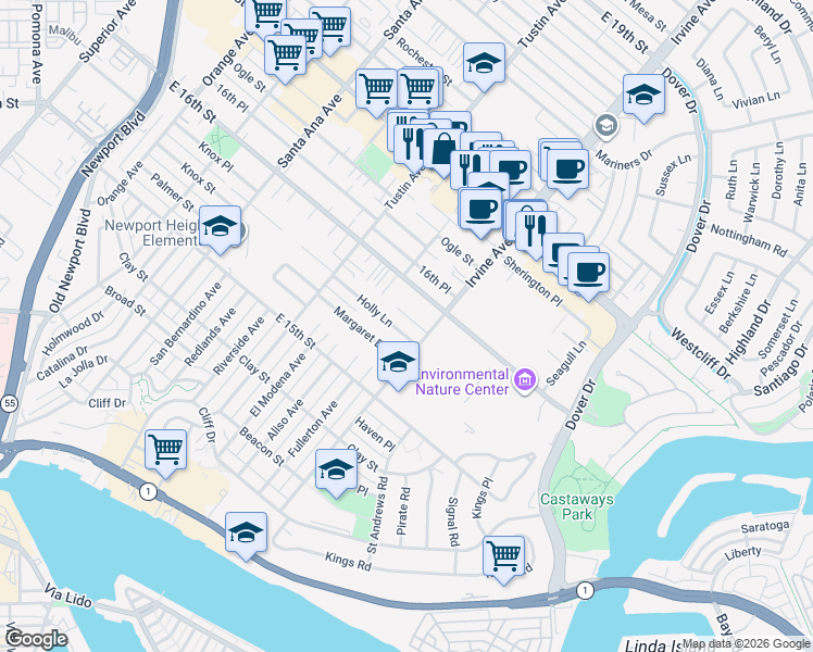 map of restaurants, bars, coffee shops, grocery stores, and more near 2307 Laurel Place in Newport Beach