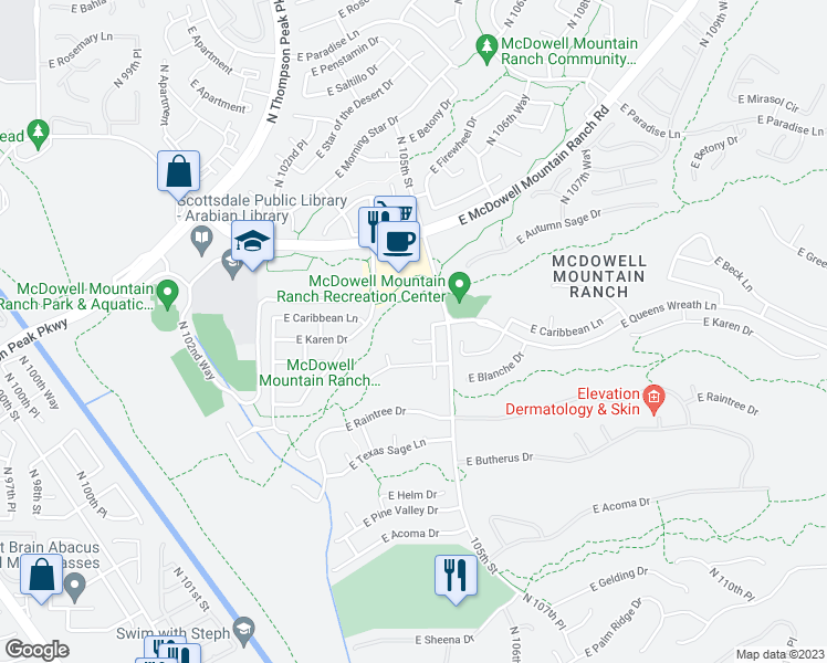 map of restaurants, bars, coffee shops, grocery stores, and more near 10458 East Karen Drive in Scottsdale