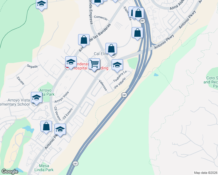 map of restaurants, bars, coffee shops, grocery stores, and more near 31 Arbor Walk Lane in Rancho Santa Margarita