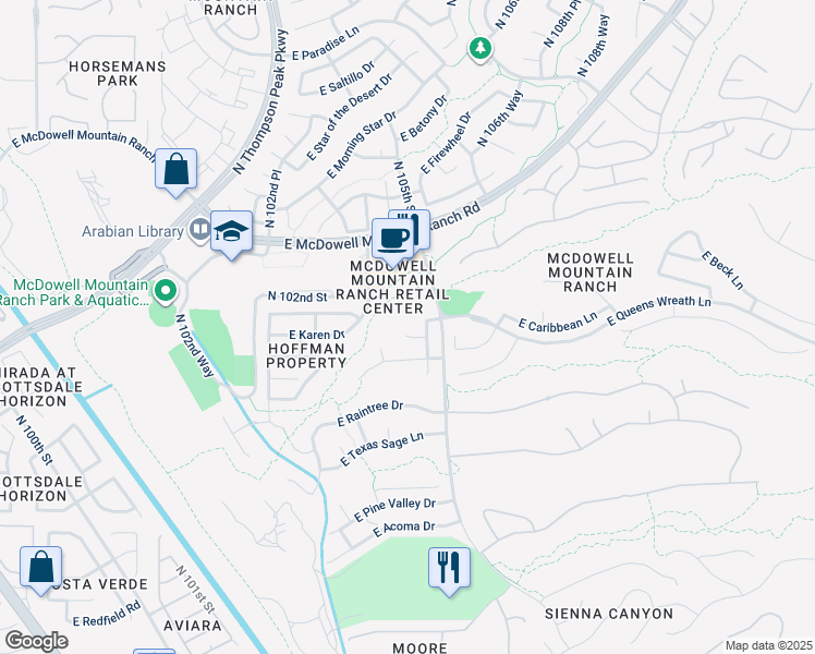 map of restaurants, bars, coffee shops, grocery stores, and more near 10458 East Karen Drive in Scottsdale