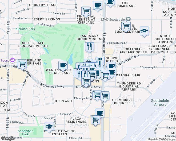 map of restaurants, bars, coffee shops, grocery stores, and more near North Kierland Boulevard in Scottsdale