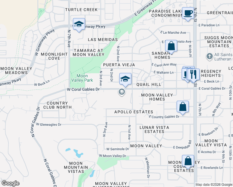 map of restaurants, bars, coffee shops, grocery stores, and more near 222 West Coral Gables Drive in Phoenix