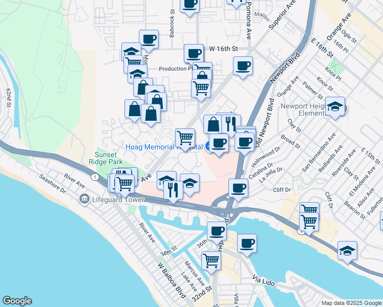 map of restaurants, bars, coffee shops, grocery stores, and more near 300 Cagney Lane in Newport Beach