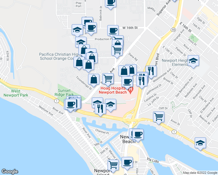map of restaurants, bars, coffee shops, grocery stores, and more near 300 Cagney Lane in Newport Beach