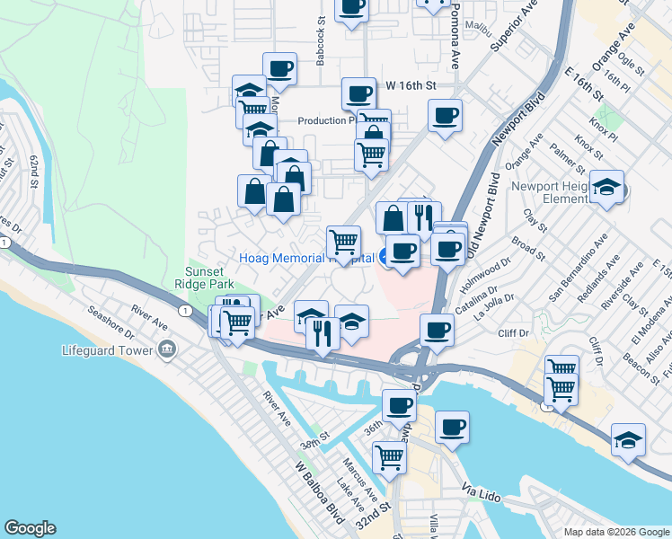 map of restaurants, bars, coffee shops, grocery stores, and more near 300 Cagney Lane in Newport Beach