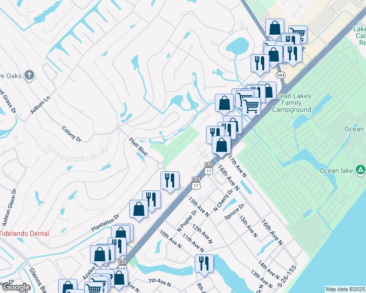 map of restaurants, bars, coffee shops, grocery stores, and more near 1603 Fawn Vista Drive North in Surfside Beach