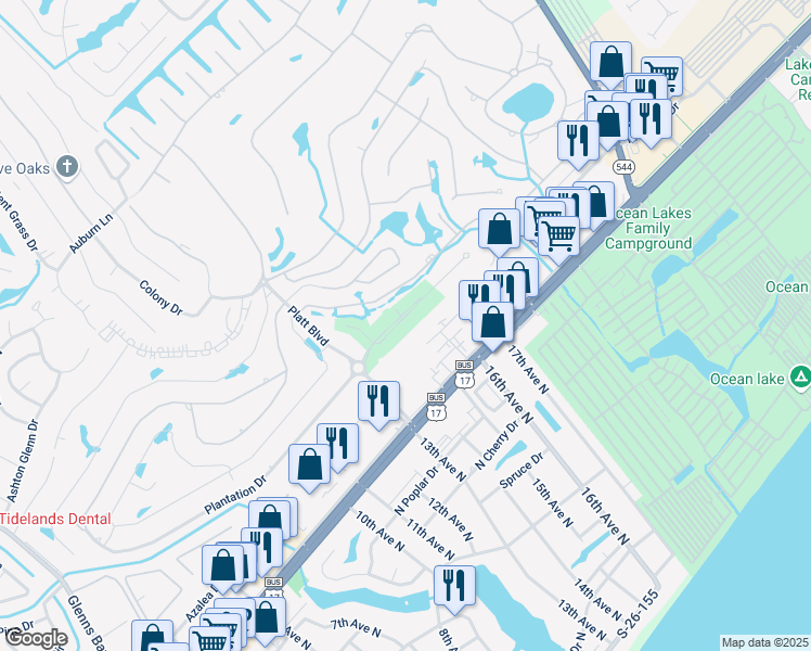 map of restaurants, bars, coffee shops, grocery stores, and more near 1603 Fawn Vista Drive North in Surfside Beach