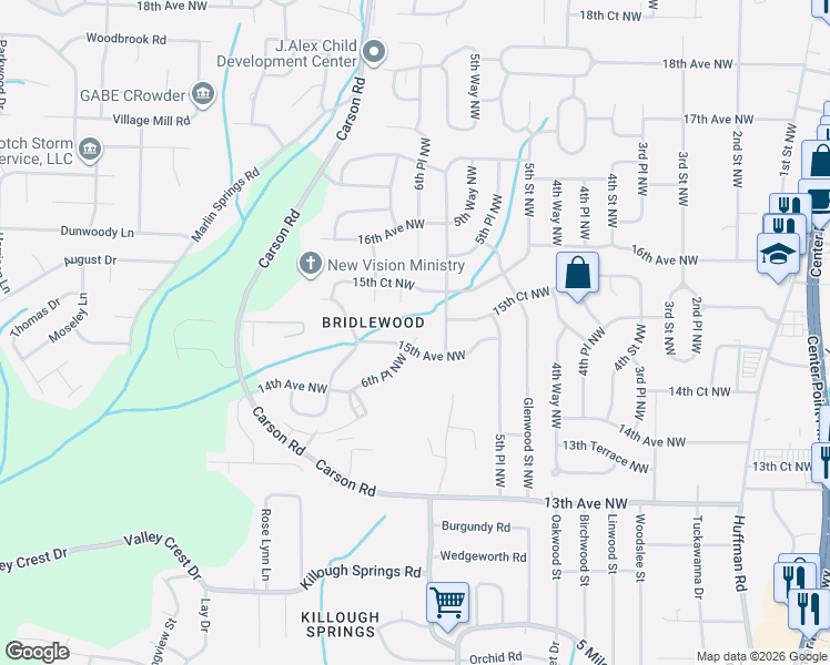 map of restaurants, bars, coffee shops, grocery stores, and more near 1521 6th Place Northwest in Center Point