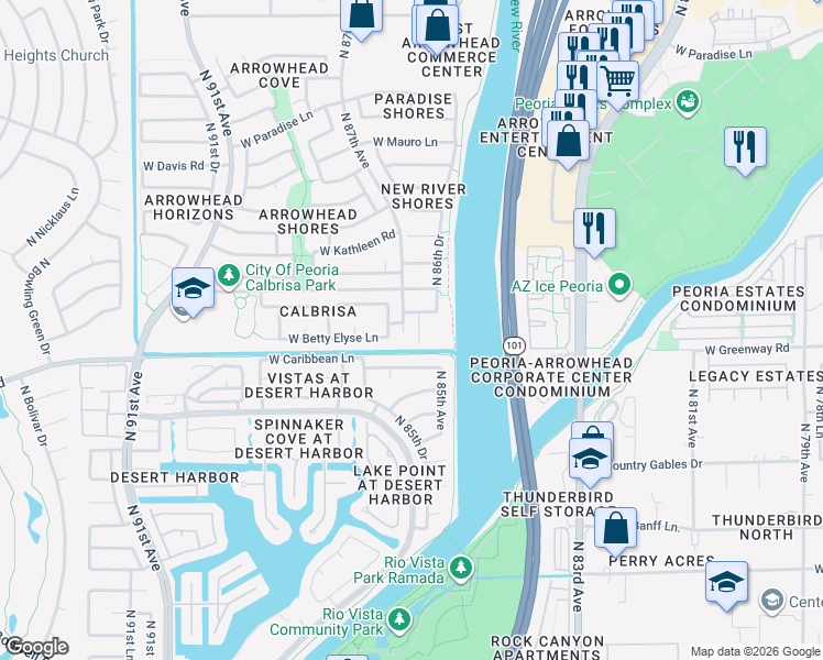 map of restaurants, bars, coffee shops, grocery stores, and more near 15441 North 86th Lane in Peoria