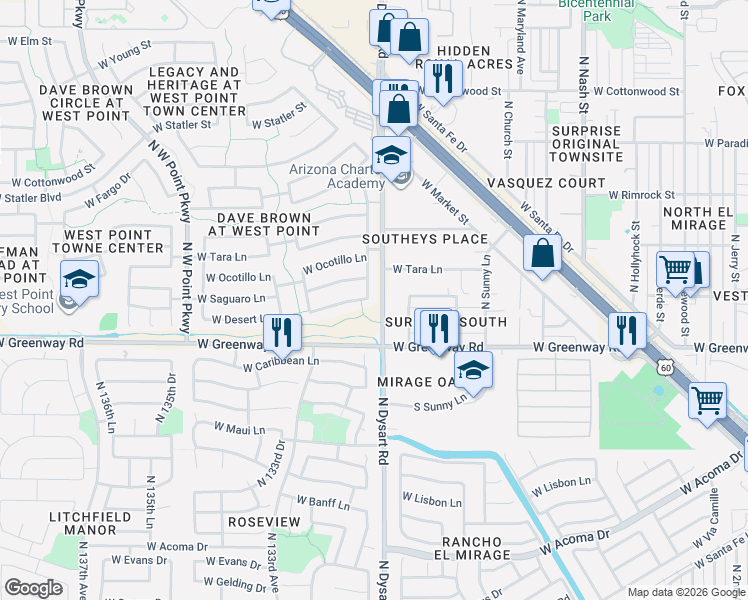 map of restaurants, bars, coffee shops, grocery stores, and more near 15601 North Gil Balcome Court in Surprise