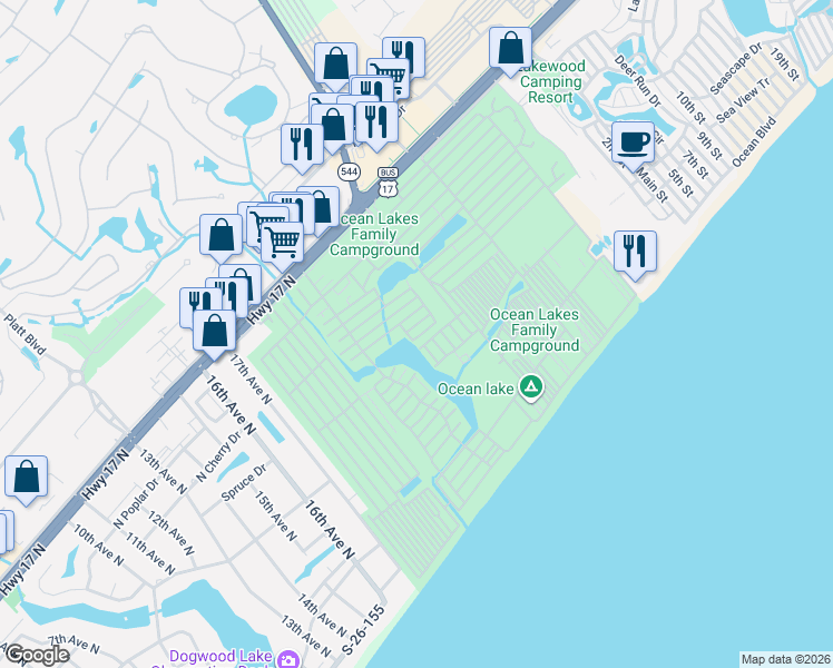 map of restaurants, bars, coffee shops, grocery stores, and more near 106 Campground Road in Myrtle Beach
