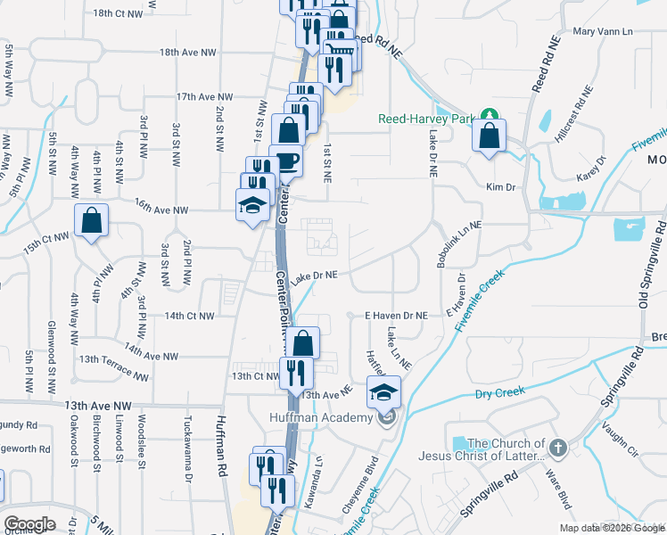 map of restaurants, bars, coffee shops, grocery stores, and more near 128 Lake Drive Northeast in Center Point