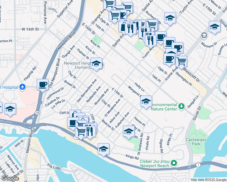 map of restaurants, bars, coffee shops, grocery stores, and more near 547 Tustin Avenue in Newport Beach