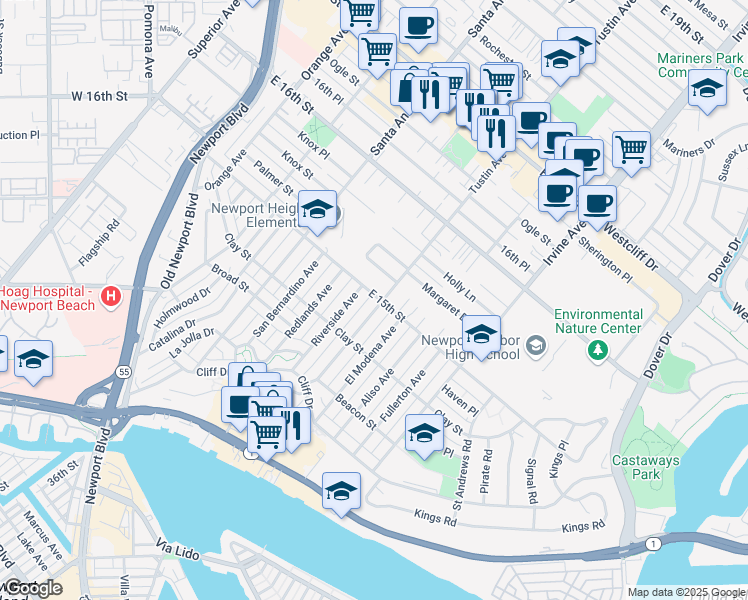 map of restaurants, bars, coffee shops, grocery stores, and more near 547 Tustin Avenue in Newport Beach