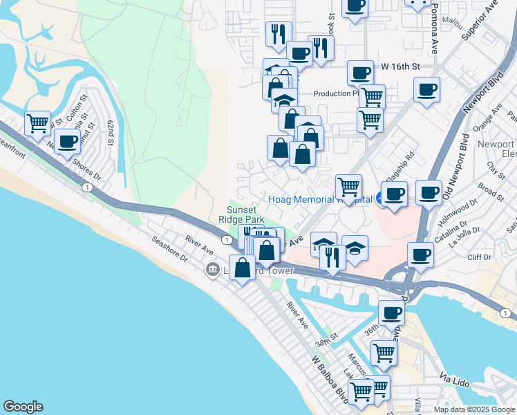 map of restaurants, bars, coffee shops, grocery stores, and more near 3 Land Fall Court in Newport Beach
