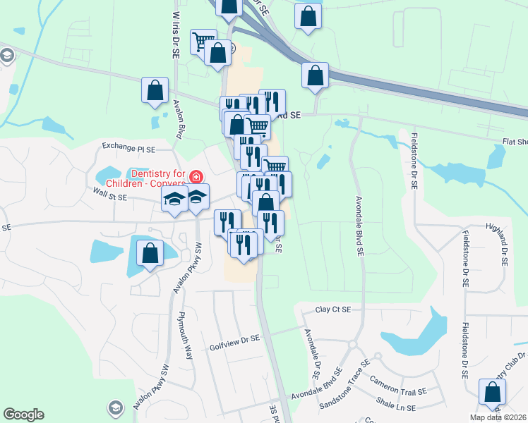 map of restaurants, bars, coffee shops, grocery stores, and more near 2430 Salem Road Southeast in Conyers