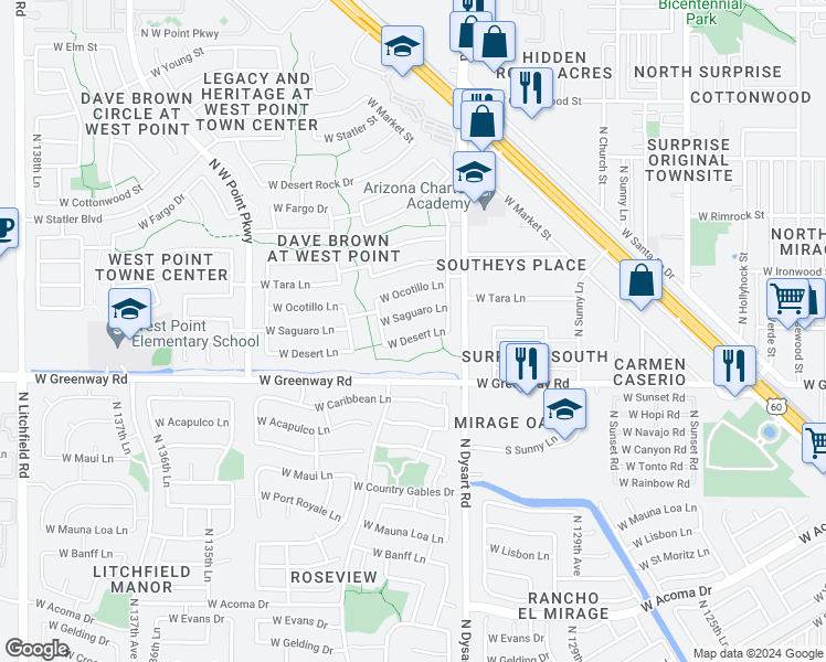 map of restaurants, bars, coffee shops, grocery stores, and more near 13192 West Desert Lane in Surprise