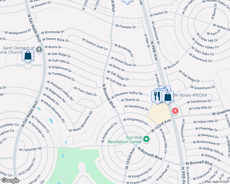 map of restaurants, bars, coffee shops, grocery stores, and more near 15605 North Gulf Hills Court in Sun City
