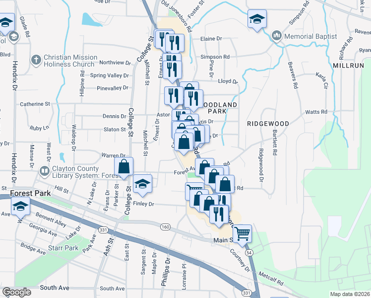 map of restaurants, bars, coffee shops, grocery stores, and more near 4687 Jonesboro Road in Forest Park