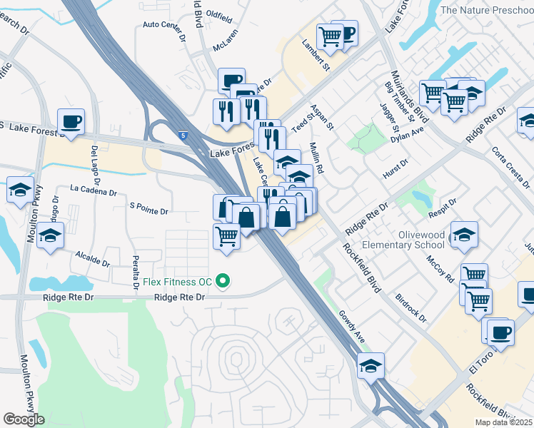 map of restaurants, bars, coffee shops, grocery stores, and more near 23161 Lake Center Drive in Lake Forest